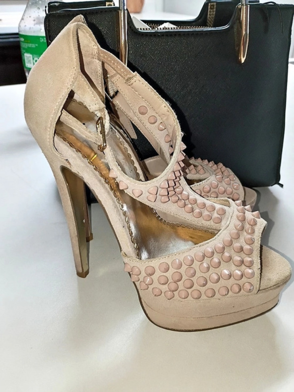 Bebe Studded Platform Heels in Pink & Beige